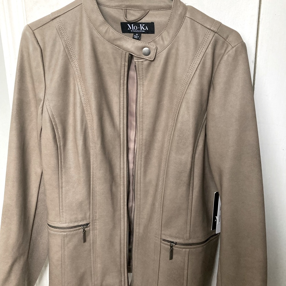 Faux Leather moto jacket by Mo-aka in Taupe